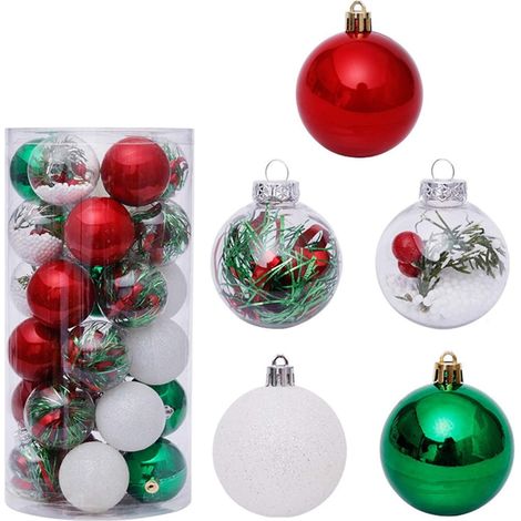 Boules de Noël en Boule Ornements Décoration pour Décor d'arbre Fête + 30pcs Plastique Blanc Rouge Vert (1/4)