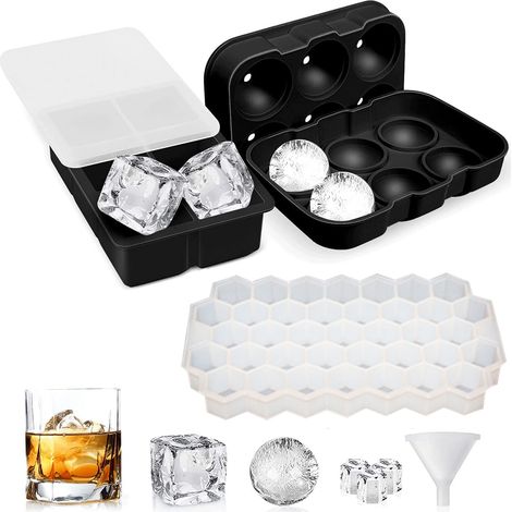 Eiswürfelformen, 3er-Set Silikonformen mit Deckeln, kugelförmige, quadratische und wabenförmige Eiswürfelformen, flexibel und wiederverwendbar, perfekt für die Herstellung von Eiswürfeln, Bastelarbeit (1/5)
