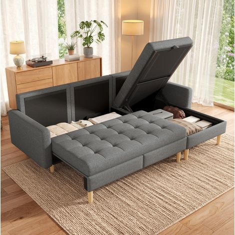 Canapé d'angle 212x130x86 cm en tissu gris avec rangement, pour petit salon – MEUBLIV (1/5)