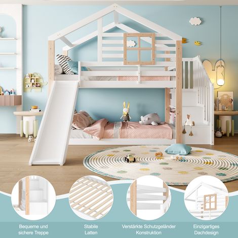 Lit superposé enfant avec toboggan et échelle, style scandinave, bois massif robuste et sécurisé, garde-corps + rangement intégré, gain de place, parfait pour frères et sœurs, certifié EN 747-1:2024 (1/5)