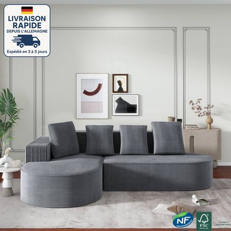 Modfu – Canapé d'angle convertible en L – Velours côtelé gris – Dimensions 265x165x67 cm – Rembourrage mousse haute densité