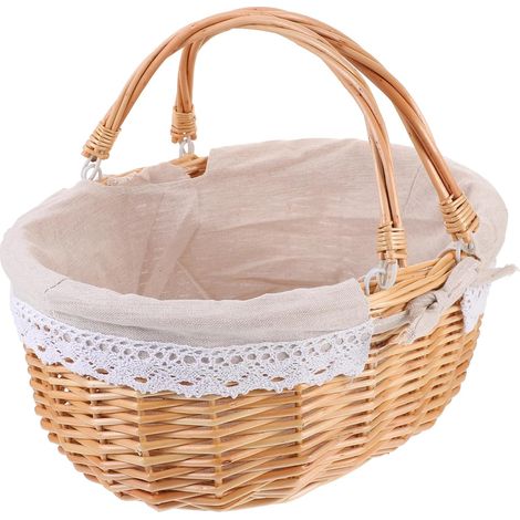 Panier Tressé en Osier 35x26x15 Cm pour Repas en Plein Air Et Rangement Domestique Panier à Fleurs Doublure en Toile Unie Beige Multifonction Poignée (1/5)