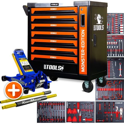 Servante d'atelier BM TOOLS 9/7 MONSTER-EDITION-ORANGE 7 tiroirs pleins 257 outils + Cric hydraulique Kraft Muller 2,25T Bleu