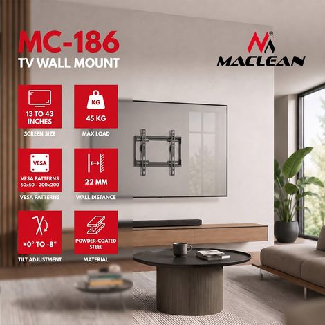 Soporte / colgador para tv maclean, vesa máx. 200x200, 13-43", hasta 45 kg, negro, ajuste de inclinación 0°-8°, mc-186 (1/5)