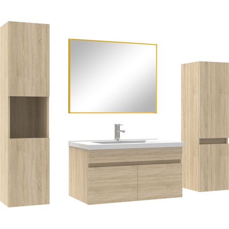 Ensemble meubles Salle de Bain 80cm avec colonne + miroir Chêne Wotan (1/5)