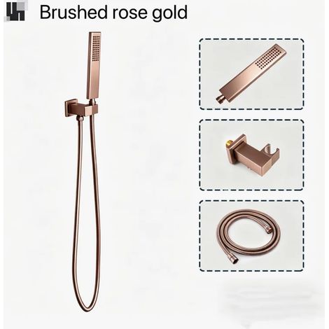 (Ensemble de 3 pièces en laiton doré rose brossé) Pommeau de douche à main en laiton doré rose brossé avec flexible en acier inoxydable de 1,5 m, accessoire de support de douche et système d'économie (1/5)