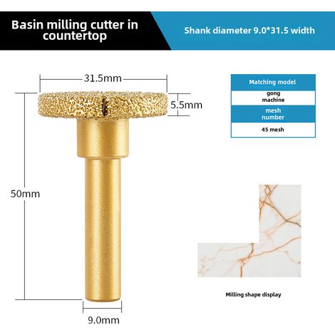 Fraise pour vasque sous comptoir – manche 9x31,5 – coupe marbre/pierre, rainurage, tête de meulage, découpe granite (1/5)
