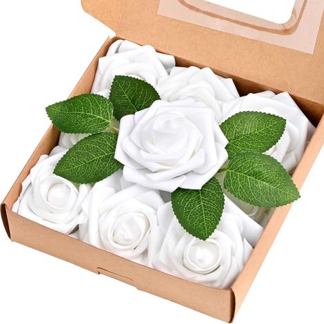 Roses artificielles au toucher réaliste avec tiges flexibles, pour bouquet de mariée, décoration de gâteau, centre de table, décoration de fête prénuptiale, dans des tons de blanc doux. (1/5)