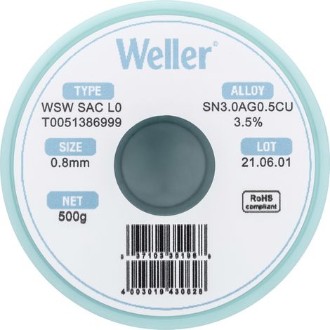 Weller WSW SAC L0 Lötzinn, bleifrei Spule Sn3,0Ag0,5Cu 500 g 0.8 mm (1/5)