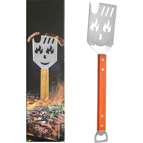 Barbecue Accessories - 7 in 1 Grill Spatula for BBQ, Stainless Steel Barbecue Utensils with Wooden Handle, Unique and Creative Barbecue Tools, Knife and Fork, Saw, Bottle Opener. (1/2)
