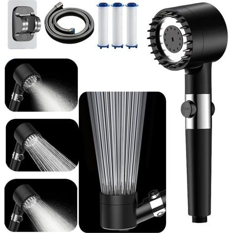 High-pressure shower head with 1.5m hose and holder, 4 modes, water stop button [Energy efficiency class A+++] (1/4)