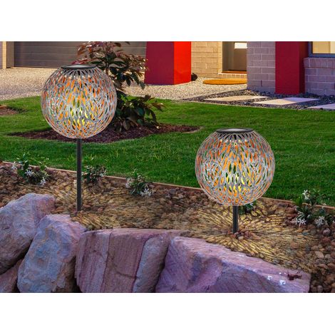 LED Metall Solarkugeln 2er Set Ø 18cm mit Erdspieß, Silber Antik (1/5)