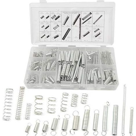 200 pezzi - Molle elicoidali - Acciaio zincato - Kit assortimento per compressione, estensione, riparazione meccanica, uso domestico, argento, 21x11x3 cm (1/5)