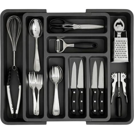 Range Couverts pour Tiroir, Plateau d'Ustensiles Extensible, Rangement Couverts Tiroir Cuisine, avec 6 à 8 Compartiments, Sans BPA, pour Ustensiles de Cuisine, Ajustable (Gris) (1/5)