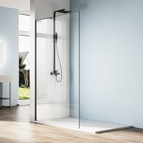 90x200cm Walk in Duschwand NANO ESG 6mm Nanobeschichtung glas mit Splitterschutzfolie,Walk in Duschtrennwand Glaswand mit Edelstahl L-Stabilisator schwarzer Rahmen aus Aluminium zeinfache Reinigung (1/5)