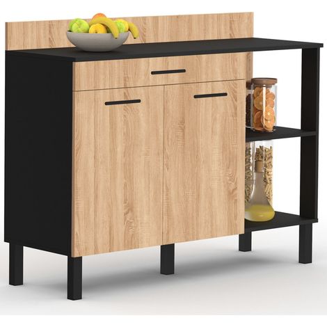 Aparador bajo de cocina CINA 120 CM, encimera H.83 cm, 2 puertas + cajón, aspecto negro y haya (1/5)