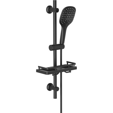 Barre de Douche Noir INOX 70 cm Colonne de Douche avec Porte-Savon Douche et Douchette 3 Jets, Support de Fixation Réglable,Mural Solide(HB1210MB) (1/5)