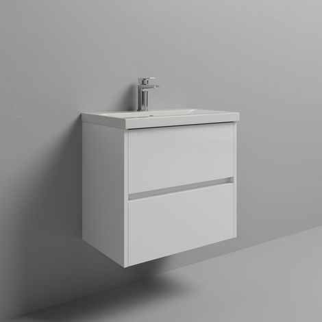 Montego Gloss White 600mm Wall Mounted 2 Drawer Vanity Unit with Glide Basin