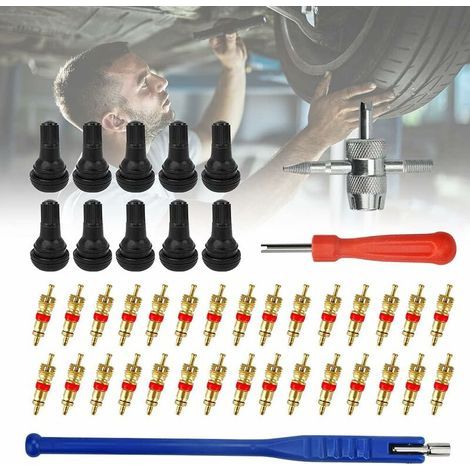 43-teiliges Reifenreparaturset, korrosionsbeständig, multifunktionales Reifenventil-Reparaturwerkzeug, rostfreier Reifenventilentferner, 5 Zubehörteile für Autos, Fahrräder, Motorräder, LKWs, Sunny (1/5)