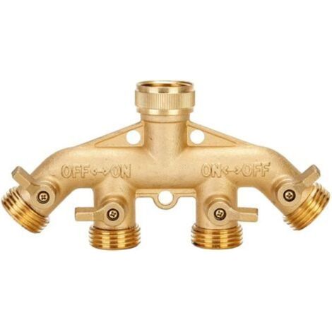 Distributeur de tuyau 3/4 pouces GHT Distributeur de tuyau d'arrosage Adaptateur de douille de tuyau en laiton robuste à 4 voies Connecteur d'adaptateur de tuyau d'arrosage (1/4)
