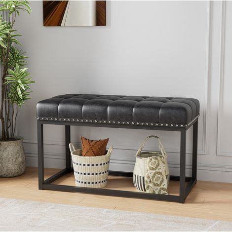 Panca vintage capitonné 90 x 46 x 52 cm in similpelle nera HAVRYA (1/5)
