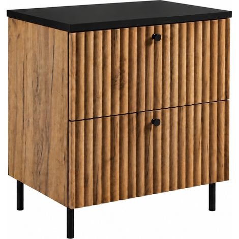 Meuble sous-vasque sur pieds 60 cm, 2 tiroirs, avec plan de travail, fermeture douce, Chêne craft doré / Plan noir, pieds noirs, 60 x 44,4 x 73,6 cm (1/5)
