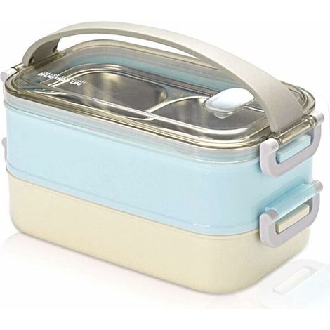 2 couches boîte à lunch en acier inoxydable portable thermique boîtes à bento boîte à lunch isolée lunch box isotherme conteneurs de stockage des aliments pour École bureau 1.6L Bleu