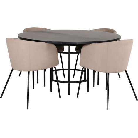 Copenhagen Essgruppe Esstisch braun und 4 Berit Esszimmerstühle beige.