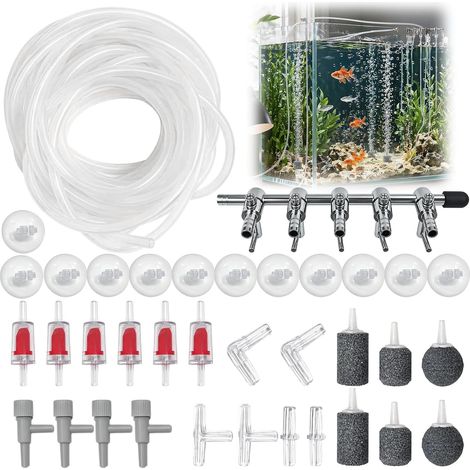 Kit Complet d’Accessoires pour Pompe à air d’Aquarium – Flux multivoies, Tuyau d’air, Pierre à air, Ventouse,clapet Anti-Retour, vanne de réglage et raccords I/T/L (1/5)