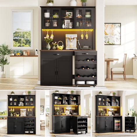 Buffet de cuisine 140 cm avec chariot, LED, range-bouteilles et porte-verres, meuble haut pour cuisine, salon et salle à manger - Noir