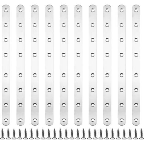 10 pièces 293 x 19 x 3 mm Pattes D'assemblage Supports de Fixation Droits Plats Plaques Dassemblage Métalliques en Acier Inoxydable avec 80 vis de Fixation pour Cadres de Lit, Chaises, Tables (1/5)