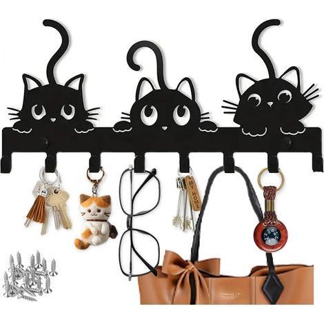 Plaque à clés décorative avec 8 crochets, en métal, rangement de clés avec motif chat pour couloir, appartement, salon et cuisine (3 chats) (1/5)