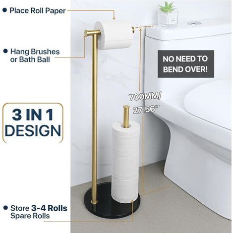 Porte Papier Toilette sur Pied Distributeur Papier Toilette Rangement Papier Toilette, Base en Verre Trempé et Tige en Acier Inoxydable pour Salle de Bain, Doré, EGKN220LD-2-GB (1/3)