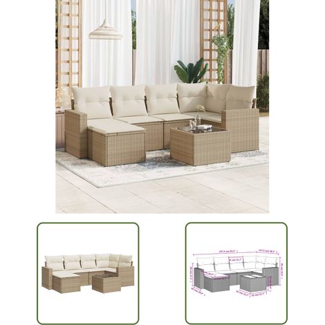 The Living Store 7-tlg. Garten-Sofagarnitur mit Kissen Beige Poly Rattan - Gartenmöbel - Outdoor Möbel - Rattan Sofa - Lounge Set - Esstisch (1/3)
