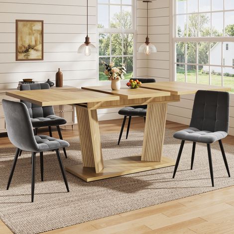 Ausziehbarer Esstisch Modern, Massivholz Optik Tisch, Stabiler Sockel mit Verstellbaren Anti-Rutsch-Füßen, Flexibler Esszimmertisch für Kleine Räume und Küche, Naturbraun (1/5)