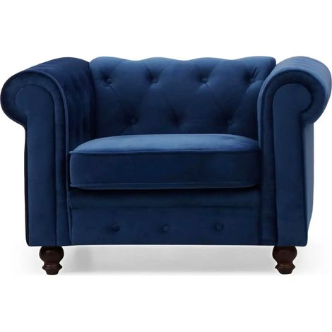 Fauteuil Design Velours "Chesterfield" 111cm Bleu (1/5)