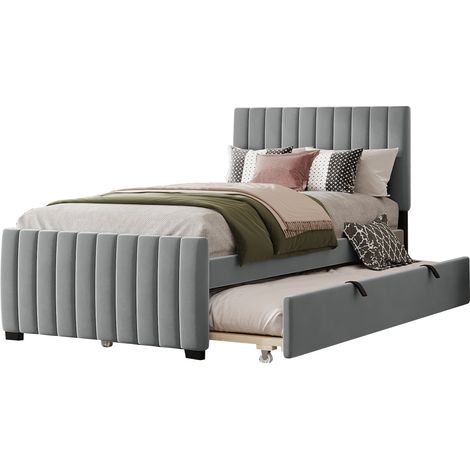 Lit rembourré 90 x 190 cm avec lit gigogne, lit simple bas en tissu velours doux pour la peau, lit d'enfant, lit junior, lit d'appoint (gris)