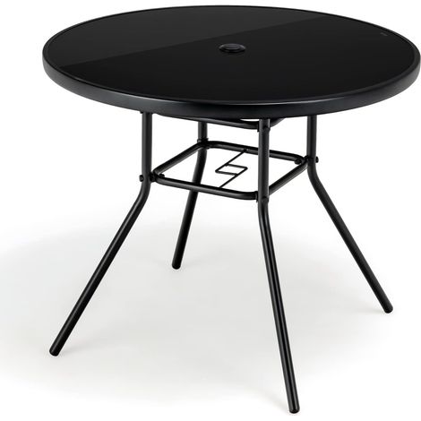 COSTWAY Mesa Terraza Exterior Redonda, 86x71 cm, Mesa Jardin de Vidrio Templado, Agujero para Sombrilla de 3,5 cm, Estructura Metálica, Mesa de Comedor Jardin Terraza Balcon Exterior (1/5)