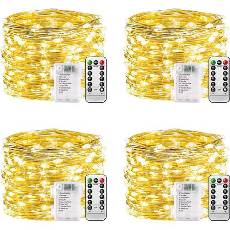 Battery for String Lights - 4pcs 100 LED 8 Modes Remote Control String Lights Waterproof Battery Operated Timer String Lights Silver Plated Copper Wire (1/5)