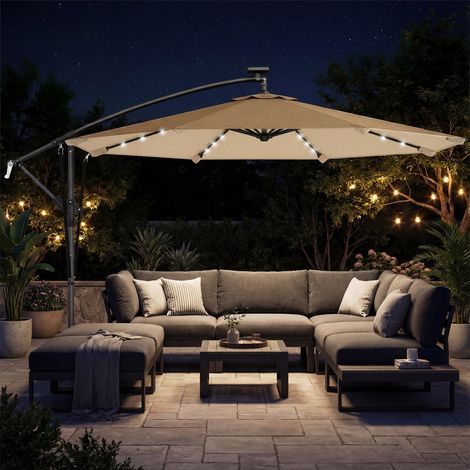 Parasol de jardin décentré avec LED solaires. 3 x 3 m. Kaki
