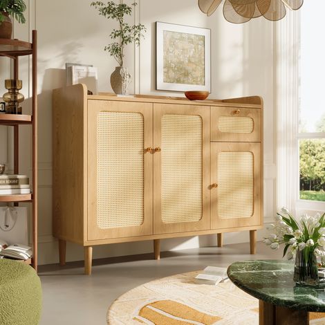 Credenza 120x40x91 cm effetto rovere con cannage, 3 ante e 1 cassetto DESVIAE (1/5)