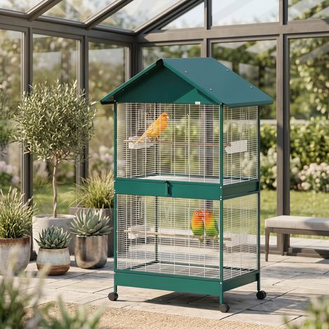Cage à oiseaux sur roulettes avec séparateur amovible, 6 mangeoires et 4 perchoirs, 2 tiroirs coulissants, pour perruches ondulées, calopsittes et canaris (1/5)