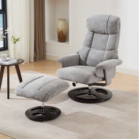 REDOM - Fauteuil de massage pivotant 360°, inclinable 140°, repose-pieds, chenille gris, base ronde en bois massif (1/5)