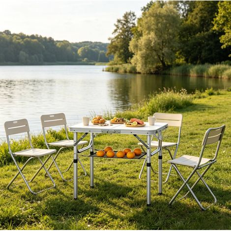 Gartentisch klappbar aus Aluminium und MDF in Creme, rechteckig, höhenverstellbar mit Ablagenetz (1/5)