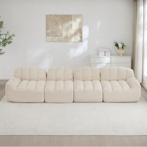 Sofá modular de 4 plazas en forma de concha, asiento profundo, espuma 32D, beige blanco (1/5)