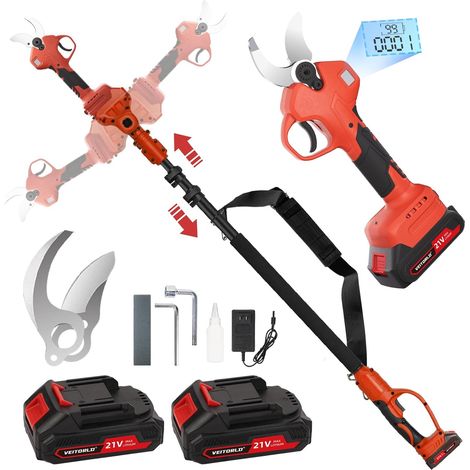 Sécateur électrique sans fil 40mm avec Perche Télescopique Sécateur de jardin avec perche télescopique amovible 130-245 cm, lames SK5, 2 batteries 2000mAh pour arbres et branches (1/5)