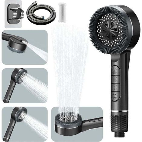 Pommeau de Douche Haute Pression, Pommeau de Duche Economie Deau avec Tuyau Douche 1.5M et Support de Douche, Pommeau Douche Anti Calcaire avec Filtre 4 Types de Jets (1/4)