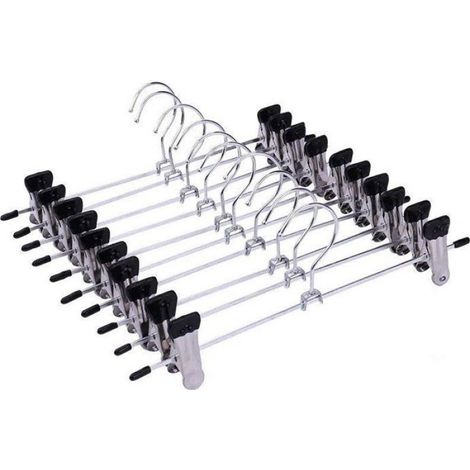 Lot de 10 cintres métal avec pinces à pantalons - 35cm - Argent et noir (1/5)