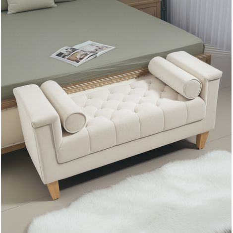 Banco tapizado de chenilla con 2 cojines cilíndricos, 115 x 44 x 58 cm, beige DESVIAE (1/5)
