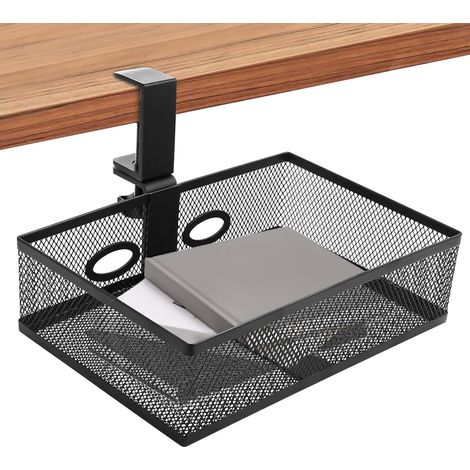 Tiroir sous le bureau, tiroirs de rangement à 360 °, organisateur de bureau avec 2 trous de câbles, sans perçage, adapté à la maison, au bureau, à l'école, noir (1/5)